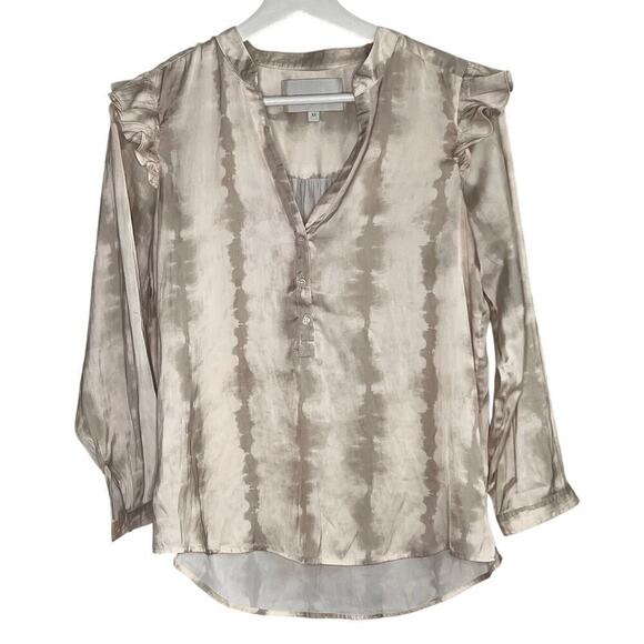Brochu Walker Tops - Brochu Walker Tie Dye Long Sleeve Ruffle Trim Button-Front Blouse Gray/White XS